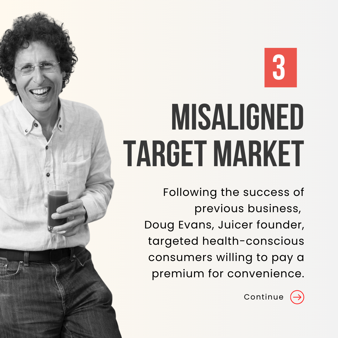 Misaligned target market, Following the success of previous business, Doug Evans, Juicer founder, targeted health-conscious consumers willing to pay a premium for convenience.