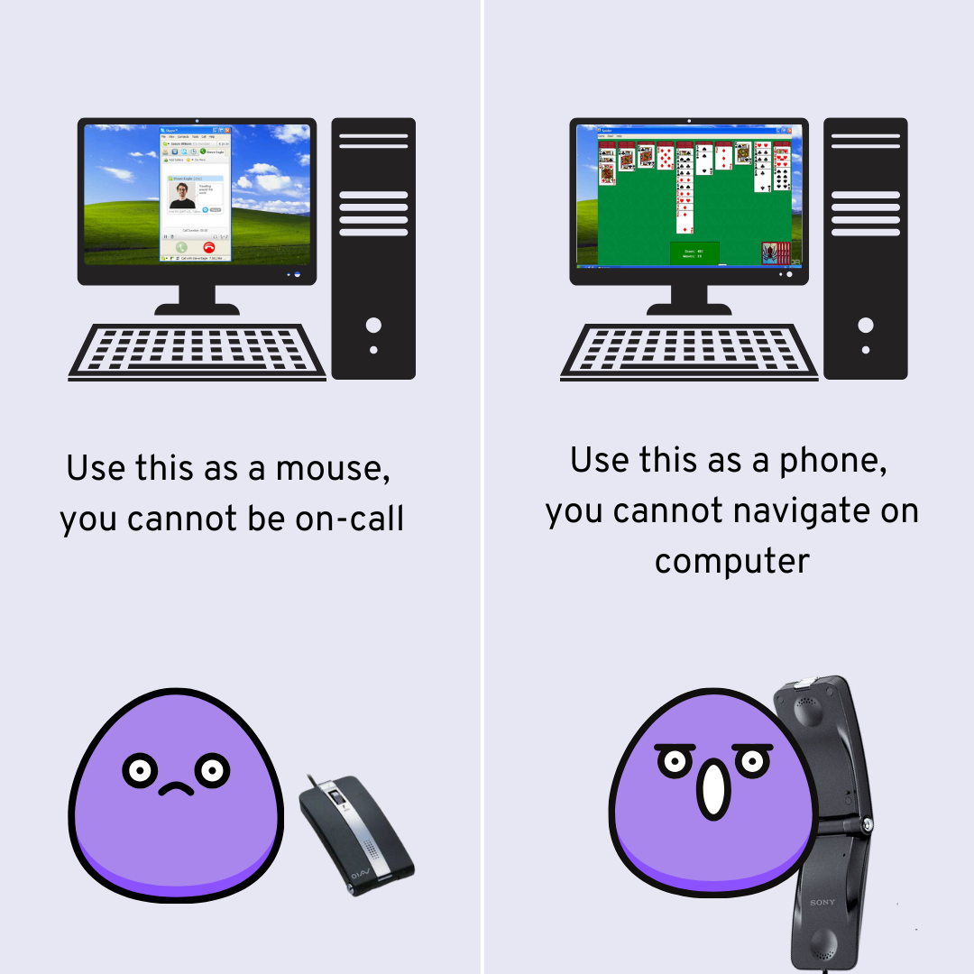 Use this as a mouse, you cannot be on-call Use this as a phone, you cannot navigate on computer